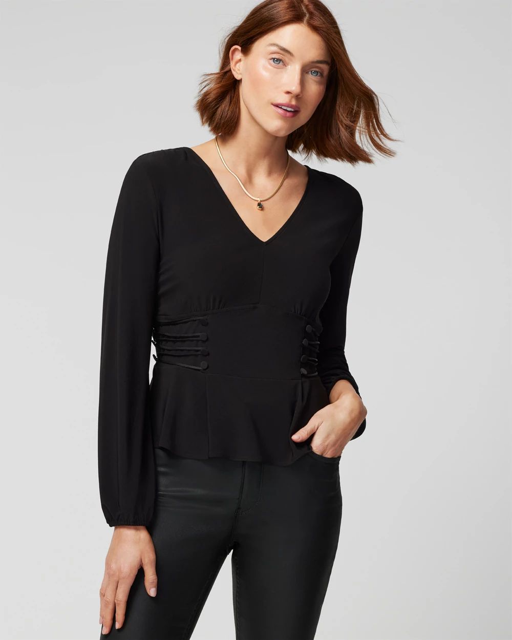 Long Sleeve Button Side Matte Jersey Peplum Top | White House